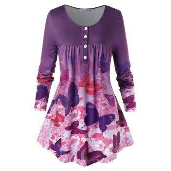

Plus Size Butterfly Print Ombre Color T Shirt, Violet
