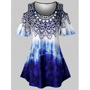 

Plus Size Tribal Print Tie Dye Cold Shoulder T Shirt, Cobalt blue