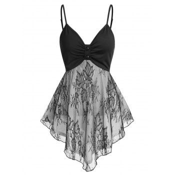 

Floral Lace Insert Ruched Asymmetric Hem Corset Skirted Cami Tank Top, Black