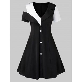 

Plus Size Low Cut Two Tone Open Shoulder Dress, Black