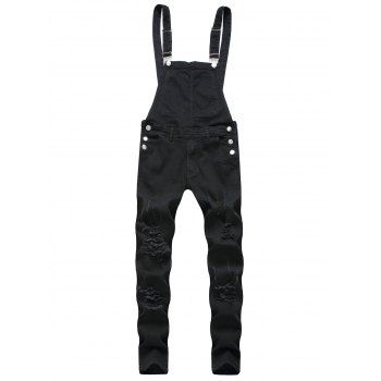 

Solid Color Ripped Zip Fly Denim Overalls, Black
