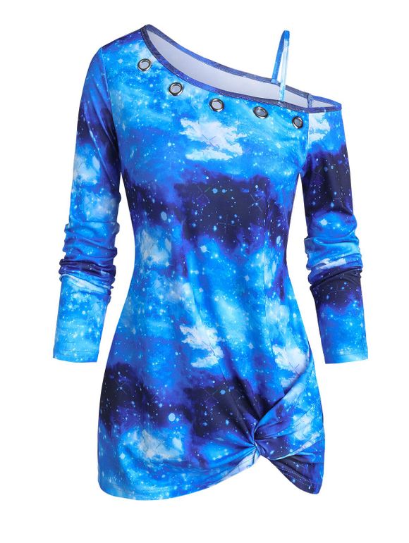 T-shirt 3D Galaxie Imprimée Tordu en Avant à Col Oblique - Bleu 2XL