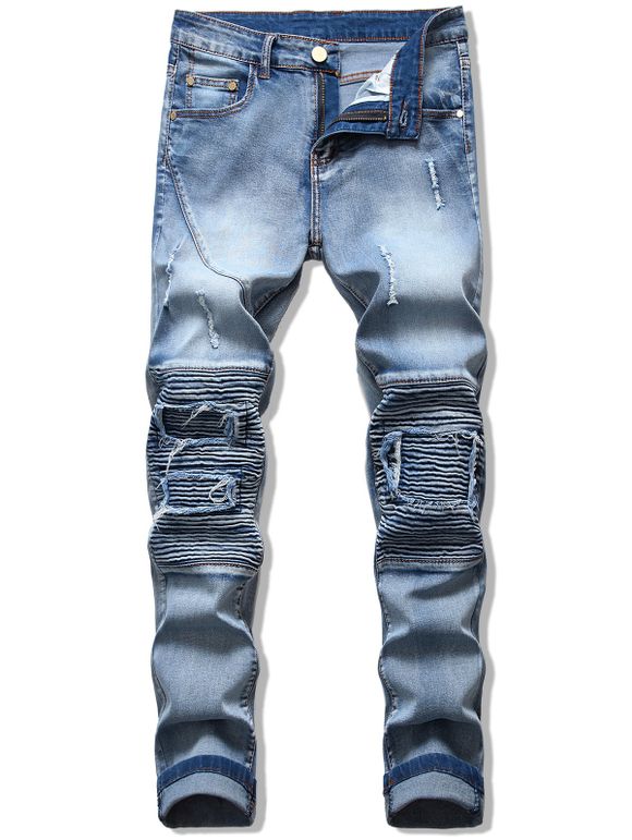 Pleats Patchwork Spliced Ripped Jeans - DENIM BLUE 36