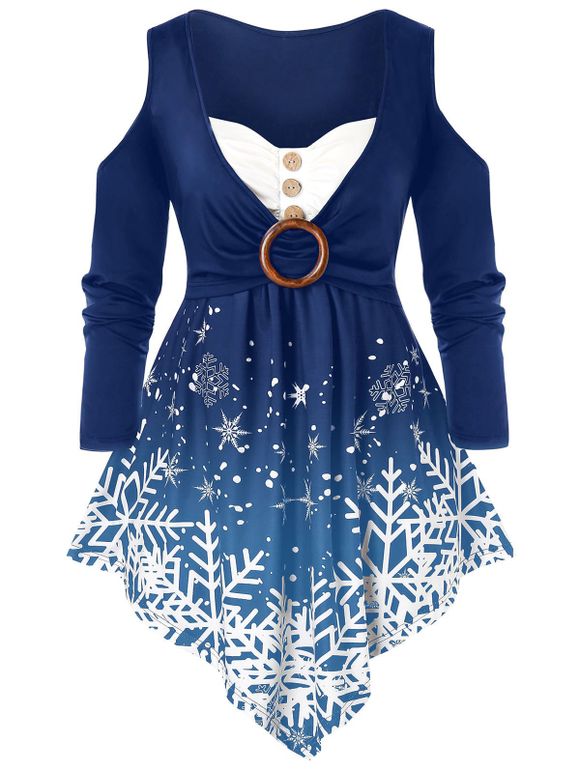 T-shirt Asymétrique de Noël Flocon de Neige à Epaule Ouverte de Grande Taille - Paon Bleu 2X