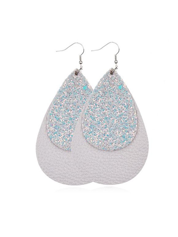 Boucles d'Oreilles Superposées Goutte d'Eau à Paillettes en Cuir - Blanc 