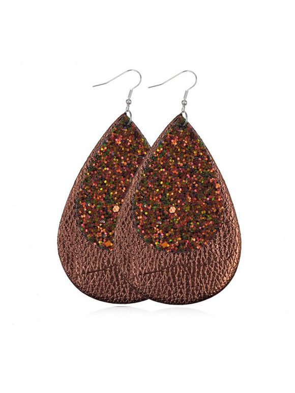 Boucles d'Oreilles Superposées Goutte d'Eau à Paillettes en Cuir - café 