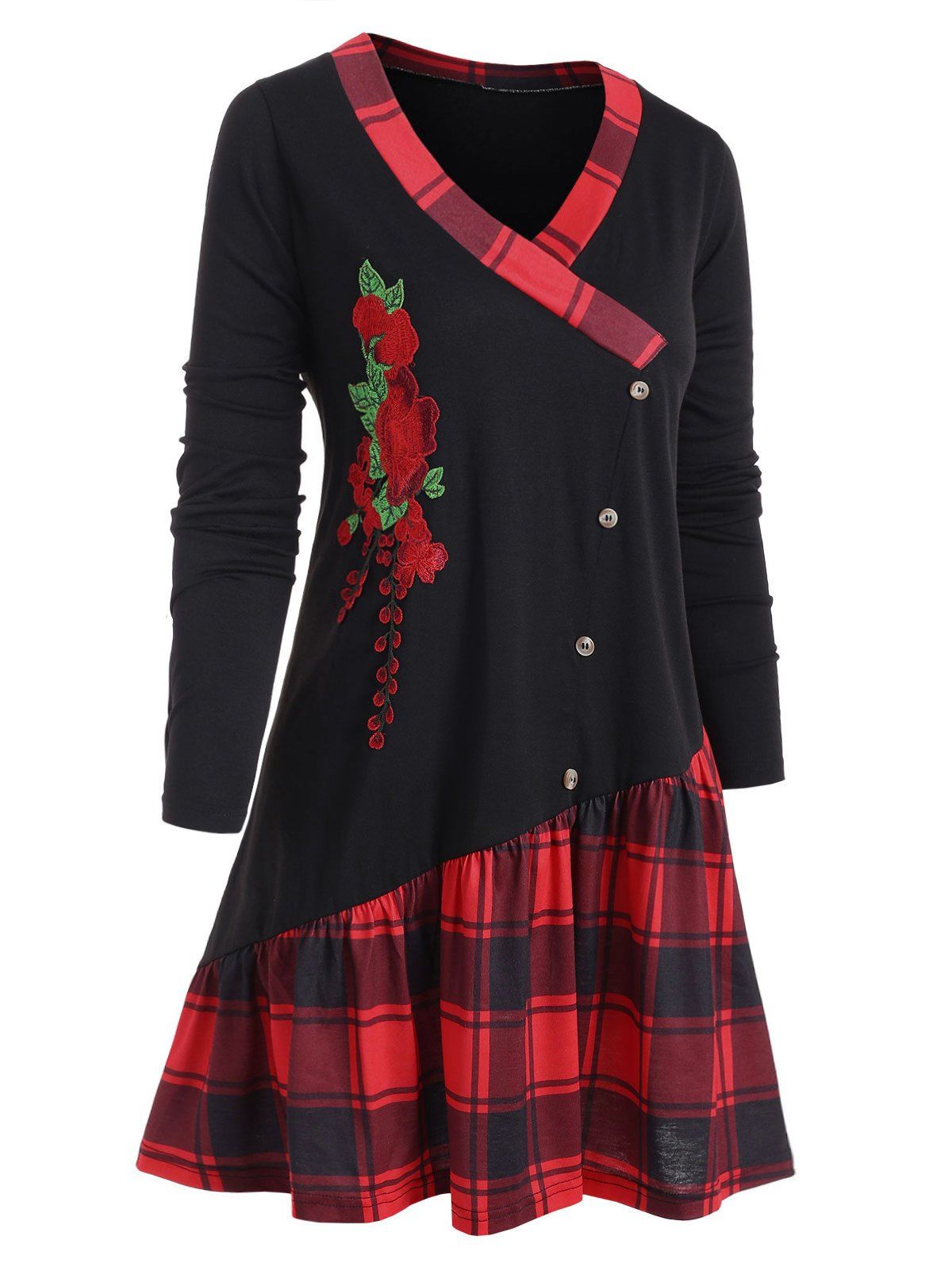 

Plus Size Floral Embroidered Plaid Longline T-shirt, Red