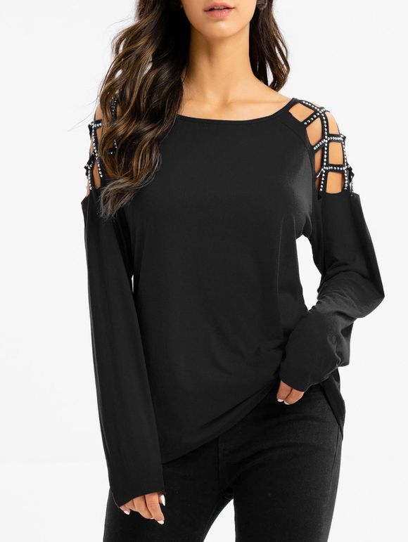 T-shirt Découpé en Couleur Unie avec Strass - Noir 2XL