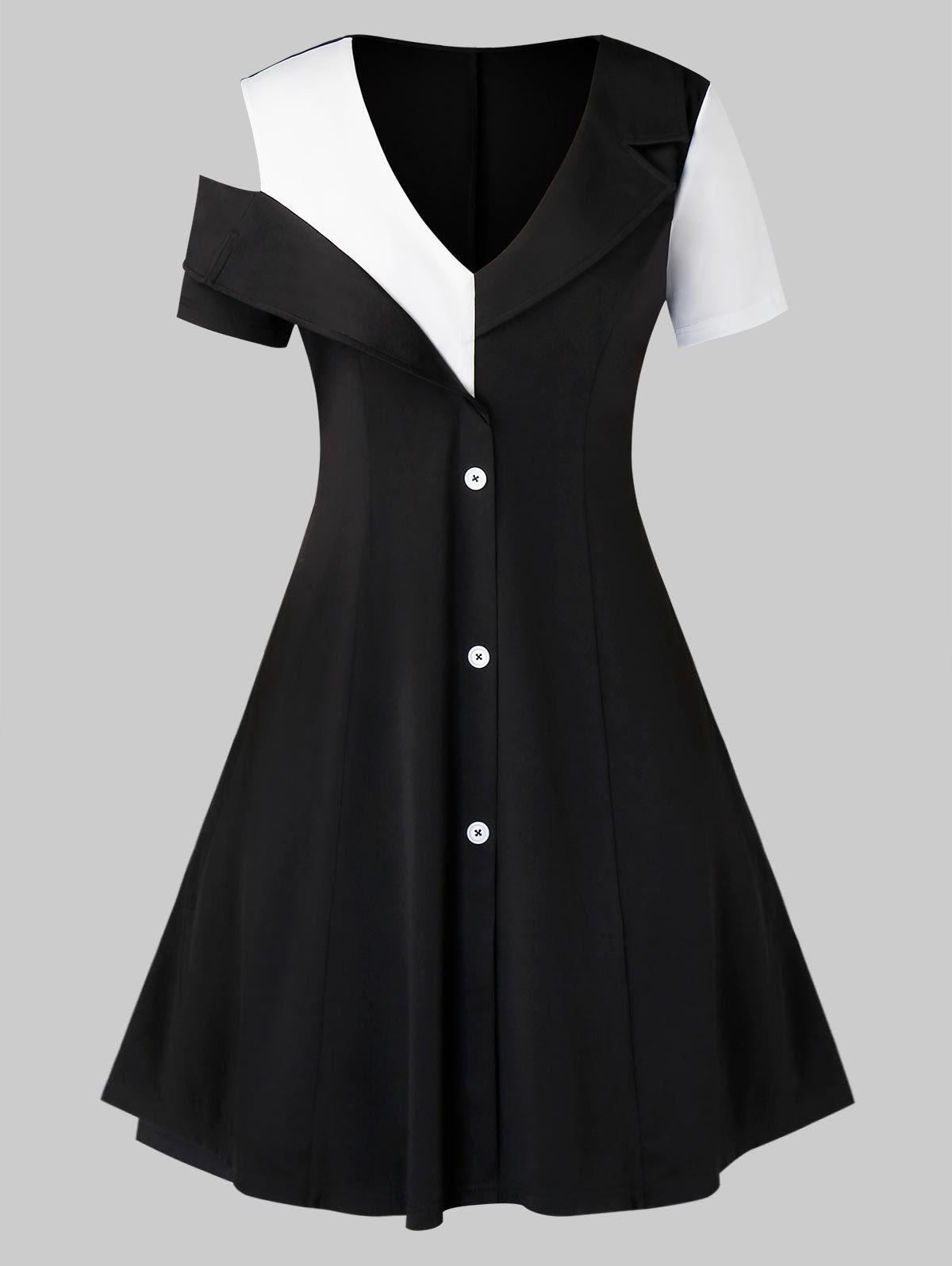 Plus Size Low Cut Two Tone Open Shoulder Dress - BLACK M