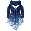 T-shirt Asymétrique de Noël Flocon de Neige à Epaule Ouverte de Grande Taille - Paon Bleu 1X