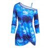 T-shirt 3D Galaxie Imprimée Tordu en Avant à Col Oblique - Bleu XL