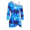 T-shirt 3D Galaxie Imprimée Tordu en Avant à Col Oblique - Bleu 2XL
