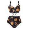 Maillot de Bain Tankini Lune Etoile et Soleil de Grande Taille à Lacets - Noir 3X