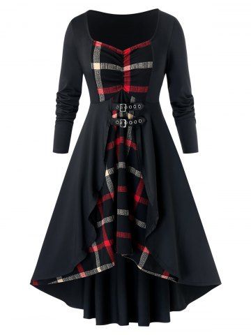 Plus Size Lace Up Plaid High Low Dress