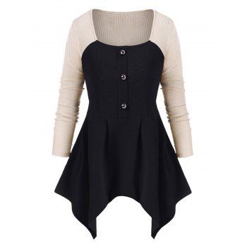 

Buttoned Ribbed Panel Handkerchief Plus Size Skirted Top, Black
