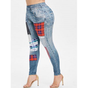 

Plus Size Plaid 3D Patch Print Jeggings, Baby blue