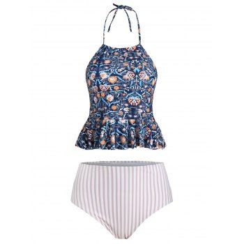 

Printed Flounce Striped Halter Tankini Swimsuit, Deep blue