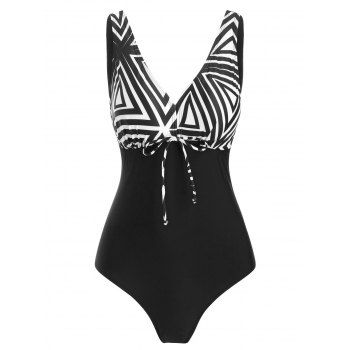 

Geo Print V Neck One-piece Swimsuit, Black
