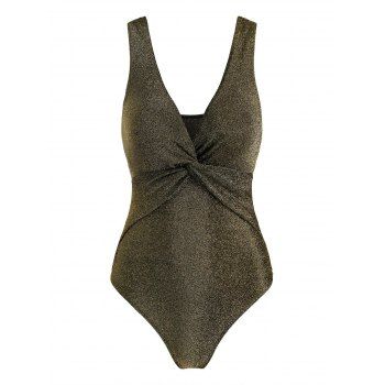 

Twist-front Sparkly Metallic Thread One-piece Swimsuit, Champagne gold