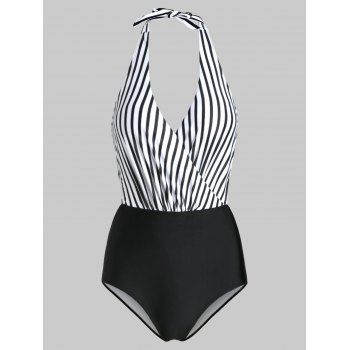 

Halter Striped Polka Dot Surplice Monokini Swimsuit, Multicolor b