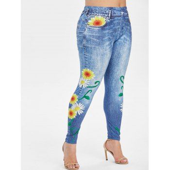 

Plus Size High Rise Sunflower Print 3D Jeggings, Jeans blue