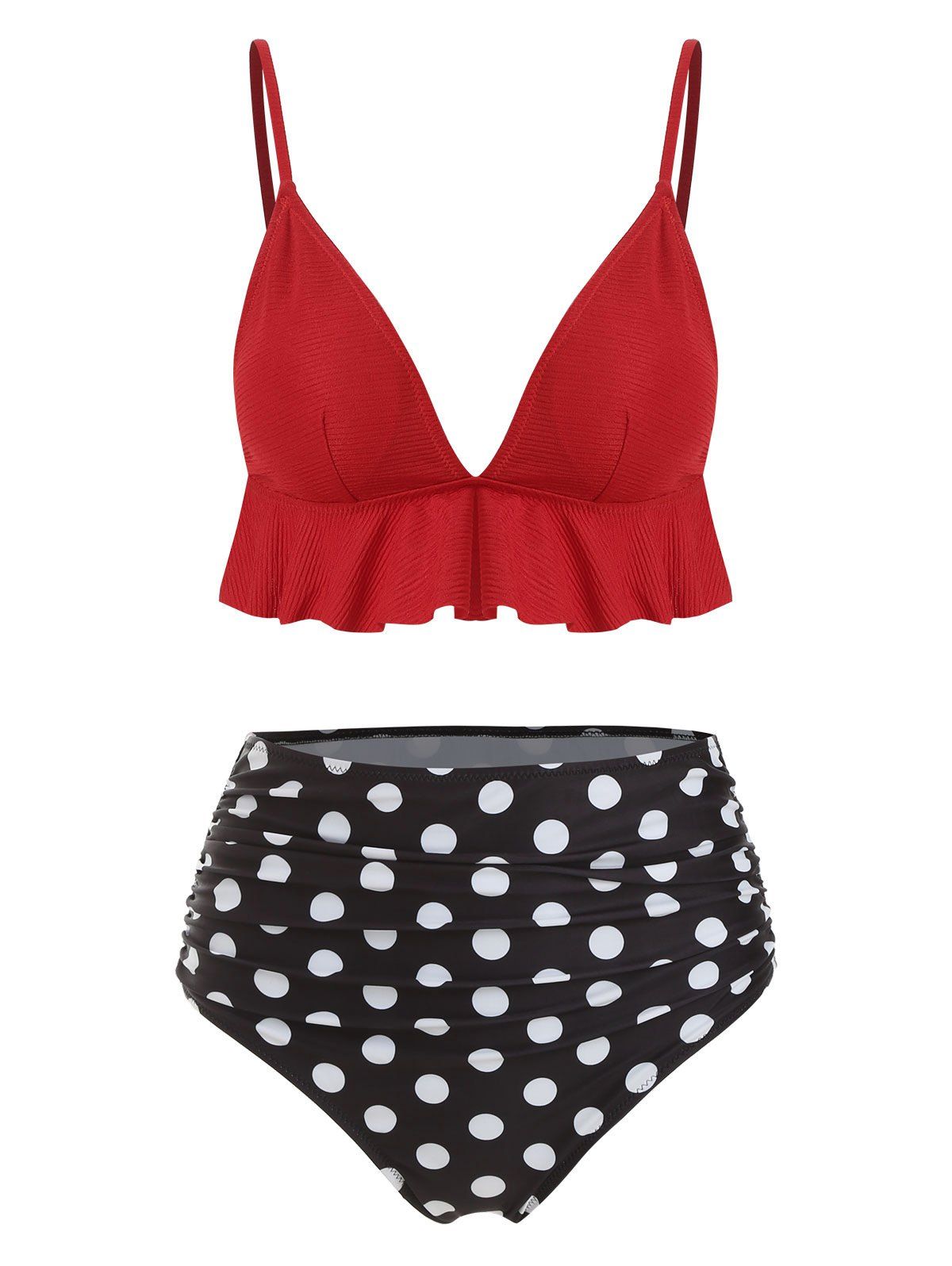 Crinkly Flounce Ruched Polka Dot Bikini Swimsuit - RED XL