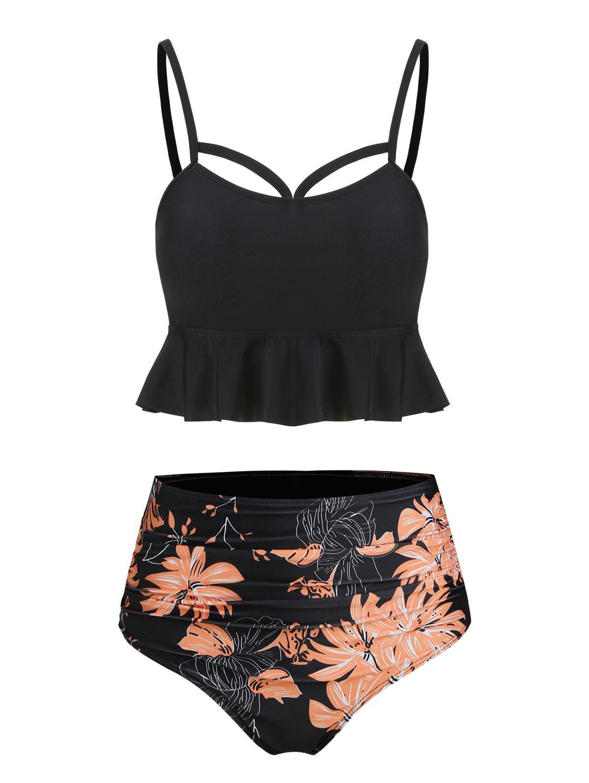 [34% OFF] 2020 Flounce Lace-up Ruched Floral Tankini Swimsuit In BLACK ...