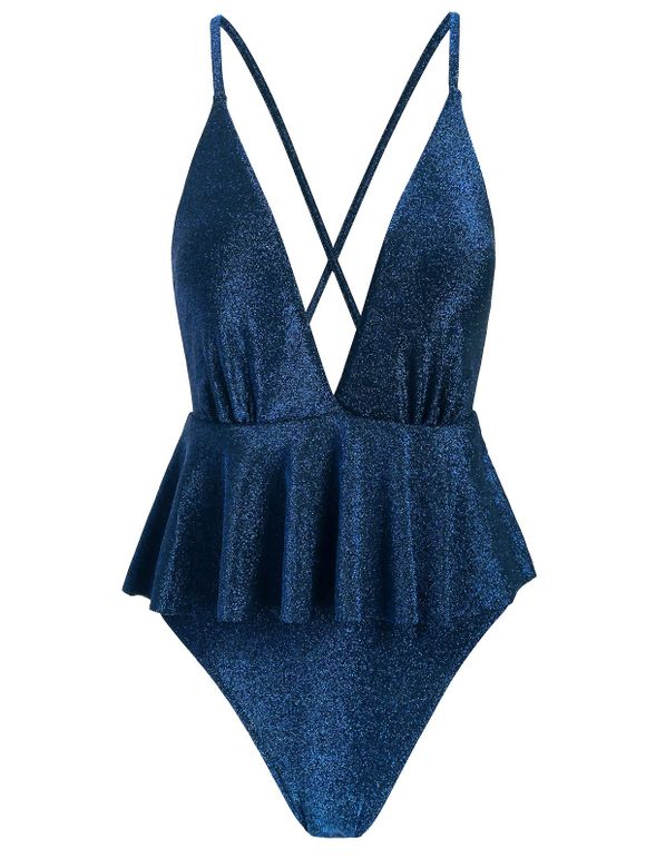 Sparkly Metallic Thread Crisscross Peplum One-piece Swimsuit - DEEP BLUE S