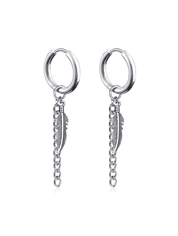 Boucles d'Oreilles Pendantes en Forme de Chaîne et de Plume - Argent 