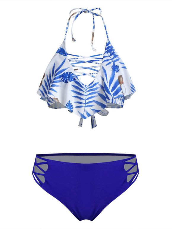 Maillot de Bain Bikini Feuille Cocotier en Treillis à Col Halter - Bleu S