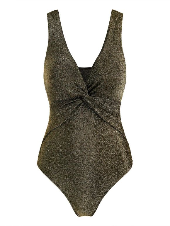 Twist-front Sparkly Metallic Thread One-piece Swimsuit - CHAMPAGNE GOLD M