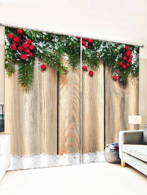 Rideaux de Fenêtre de Noël Grain de Bois et Branche Imprimés 2 Panneaux - multicolor W33.5 X L79 INCH X 2PCS