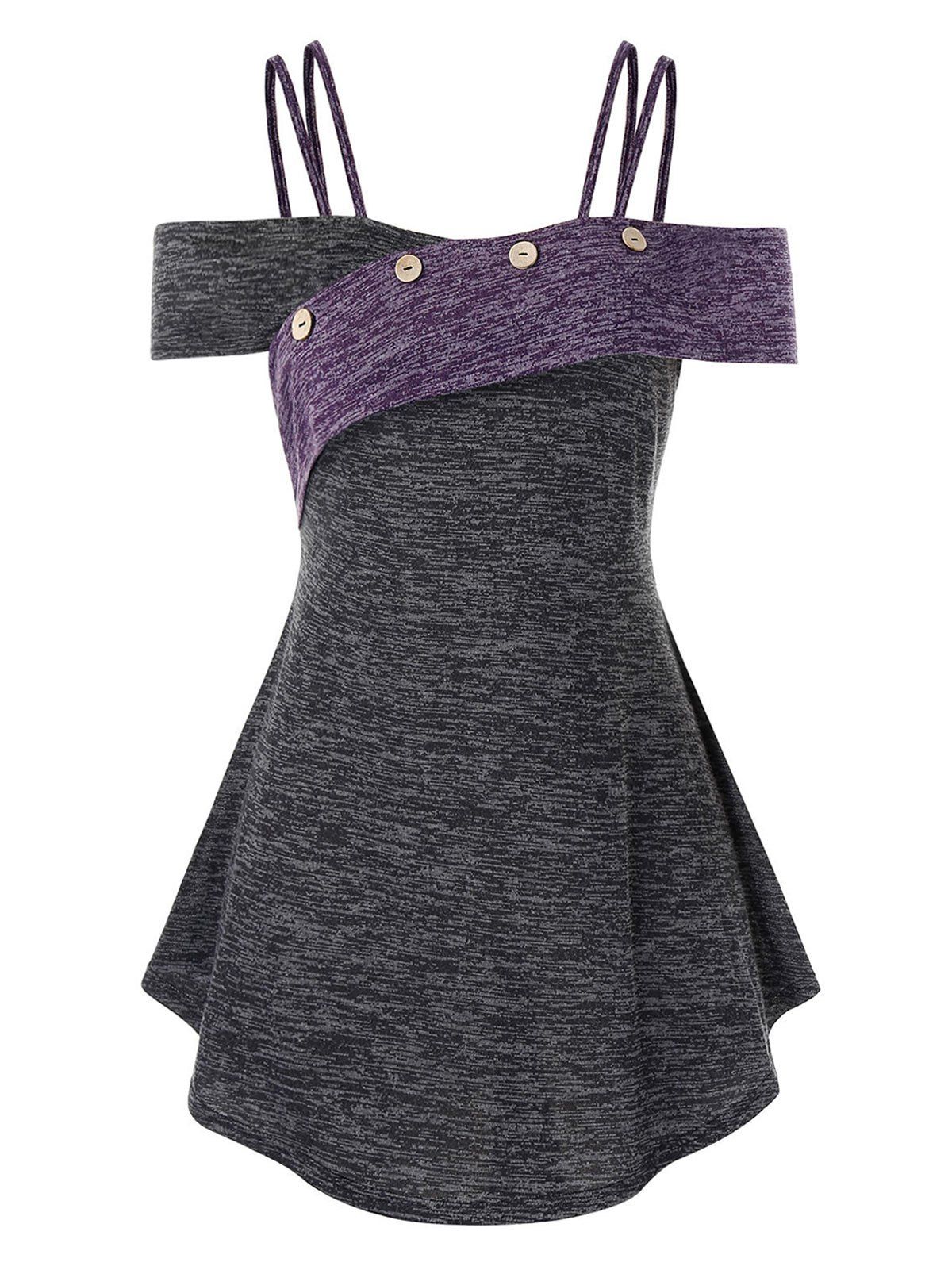 

Plus Size Heather Button Embellished Open Shoulder T-shirt, Gray
