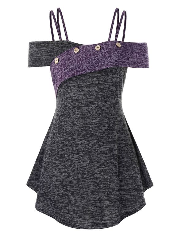 T-shirt Chiné Embelli de Bouton à Epaule Ouverte de Grande Taille - Gris 5X