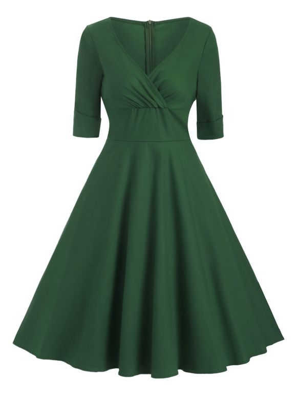Robe Ligne A Manches à Volants en Couleur Unie - Vert Forêt Moyen 2XL
