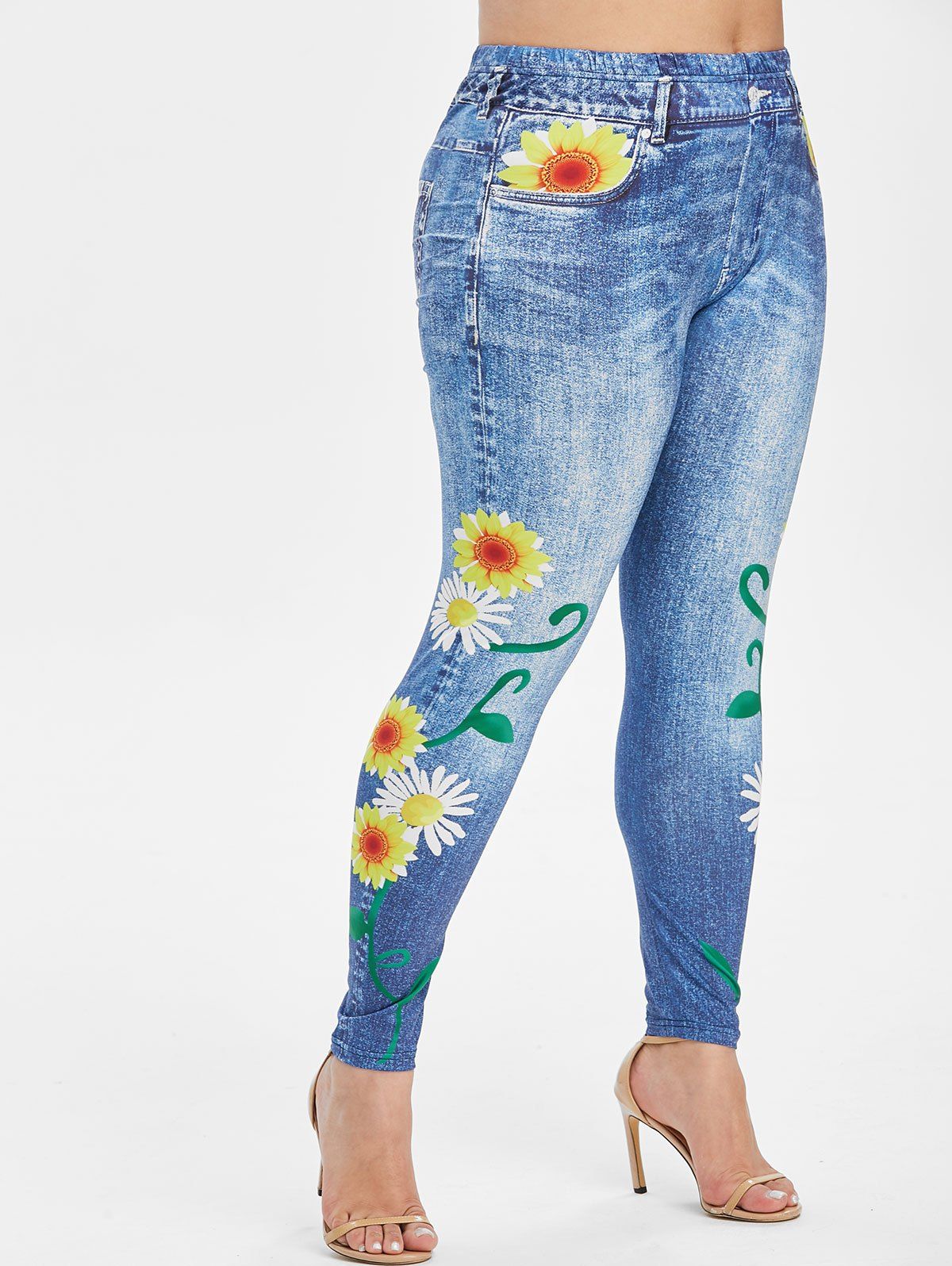 [37% OFF] 2021 Plus Size High Rise Sunflower Print 3D Jeggings In JEANS ...