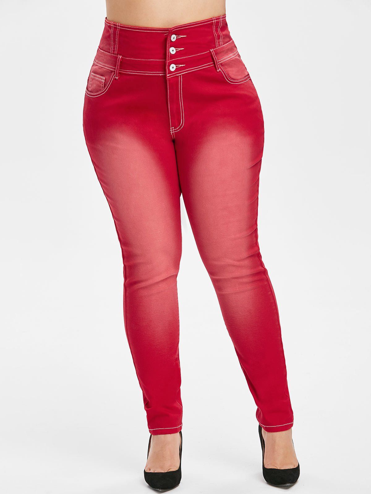 [37 OFF] 2020 Plus Size Button Fly Faded Skinny Jeans In LAVA RED