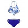 Maillot de Bain Bikini Feuille Cocotier en Treillis à Col Halter - Bleu XL