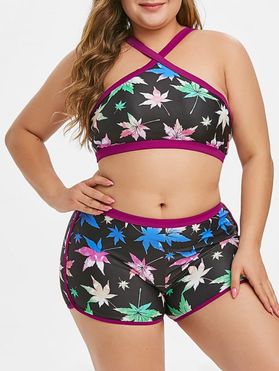 Maple Leaf Crossover Plus Size Boyshorts Bikini Swimsuit