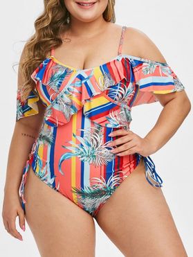Plus Size Ruffled Lace Up Palm Print One-piece Swimsuit
