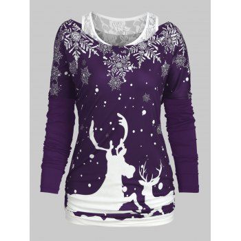 

Christmas Elk Snowflake Long Sleeve Tee and Lace Tank Top Set, Purple iris