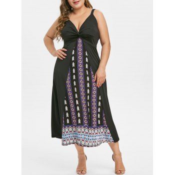 

Twisted Front Printed Sleeveless Plus Size Dress, Black