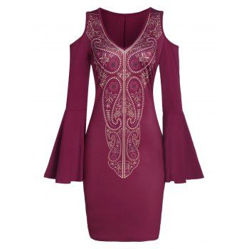 

Paisley Print Cold Shoulder V Neck Bodycon Dress, Red wine