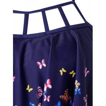 

Plus Size Butterfly Print Open Back Cinched Tankini Swimsuit, Deep blue