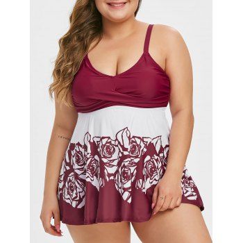 

Floral Rose Ruched Plus Size Tankini Swimsuit, Red wine