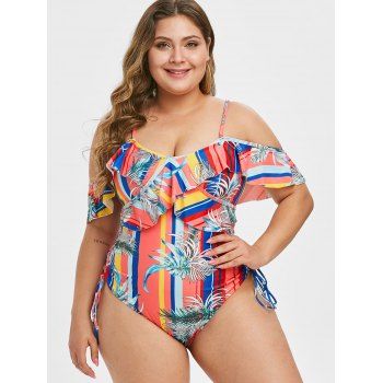 

Plus Size Ruffled Lace Up Palm Print One-piece Swimsuit, Watermelon pink
