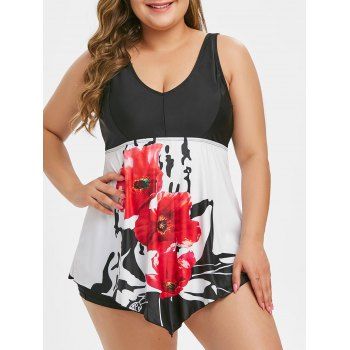 

Contrast Floral V Neck Handkerchief Plus Size Tankini Swimsuit, Black