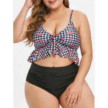 

Watermelon Print Gingham Flounce Plus Size Tankini Swimsuit, Black