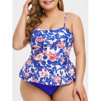 

Plus Size Floral Print Flounce Tankini Swimsuit, Blue