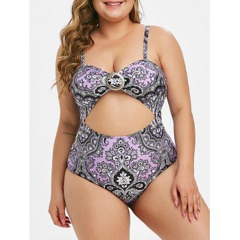 

Paisley Print Ring Cutout Plus Size One-piece Swimsuit, Purple